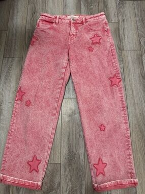 RISEN Pink Acid Wash Star Print Straight Leg Jeans 15.5” Waist